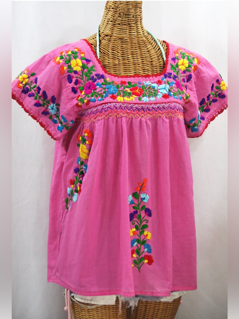 SIREN La Marina Bubblegum Pink Mexican Blouse Top Rainbow Embroidered Floral M
